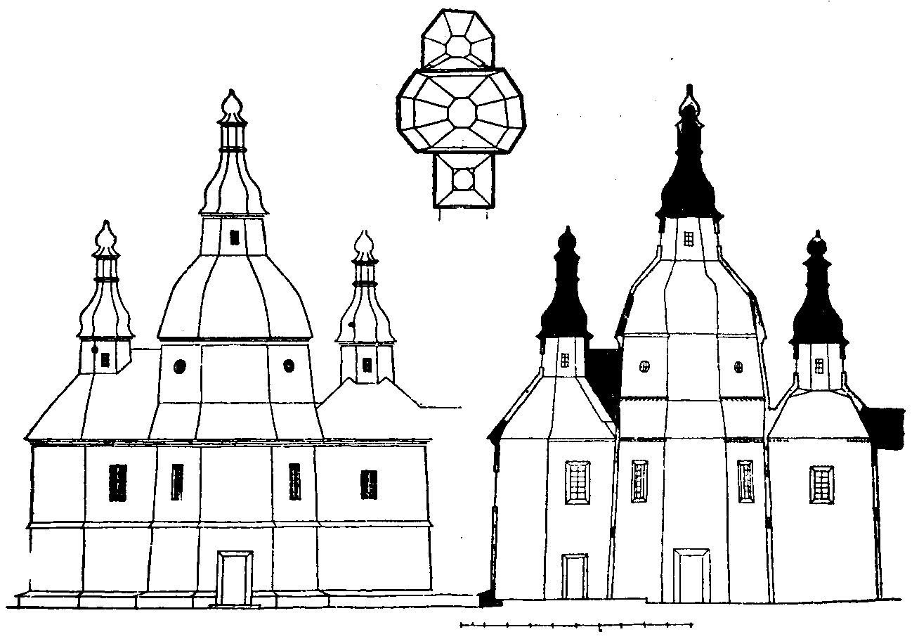 Церква в с. Левківка, Харківщина. Фасад, план, розріз. Джерело: Юрченко П.Г.… Фасад, план, розріз