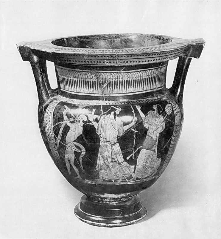 Кратер червонофігурний з зображенням Діоніса, сатира і менади. Аттіка. V ст.… Кратер червонофігурний