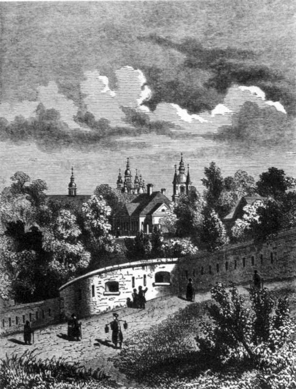 Невідомий художник. Вигляд оборонних мурів XIX ст. та надпечерних будівель… 2 пол. 19 ст. Вид на Дальні печери