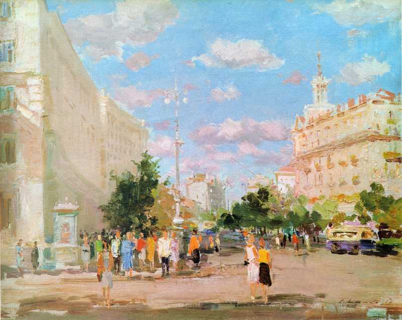 Шишко Сергій Федорович (нар. 1911). Хрещатик. 1957. Полотно, олія. 70: 100.… 1957 р. Перспектива від міськради в…