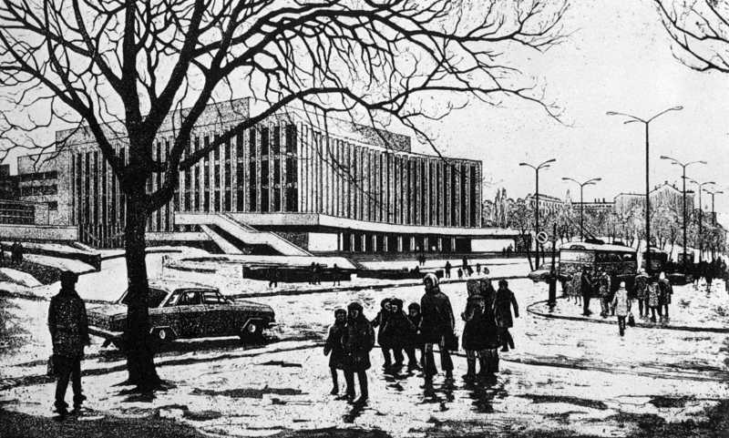 Масик Володимир Ілліч (нар. 1917). Палац культури «Україна». 1975. Офорт з… 1975 р. Загальний вигляд з боку…