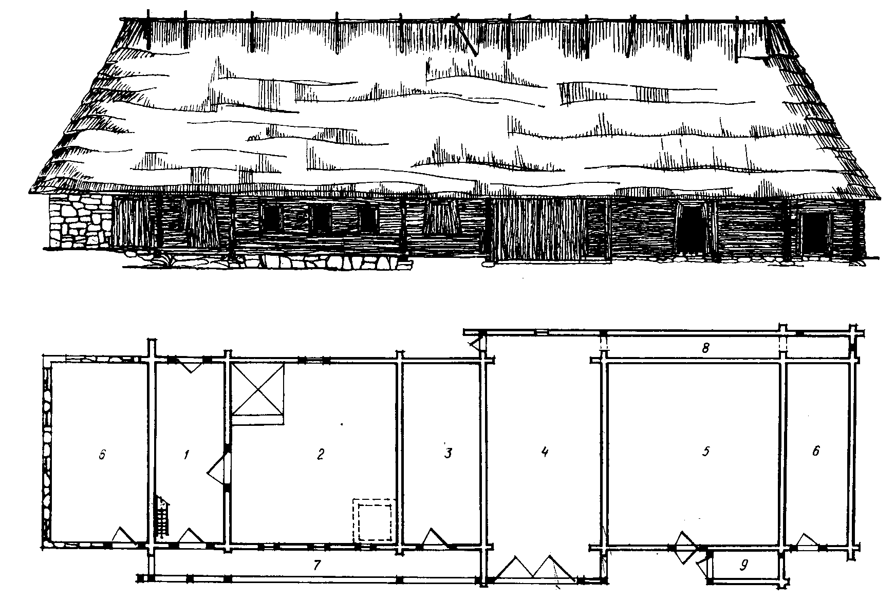 Будинок у с. Гусний Великоберезнянського р-ну Закарпатської обл. Кінець XIX… Будинок. План та південний фасад