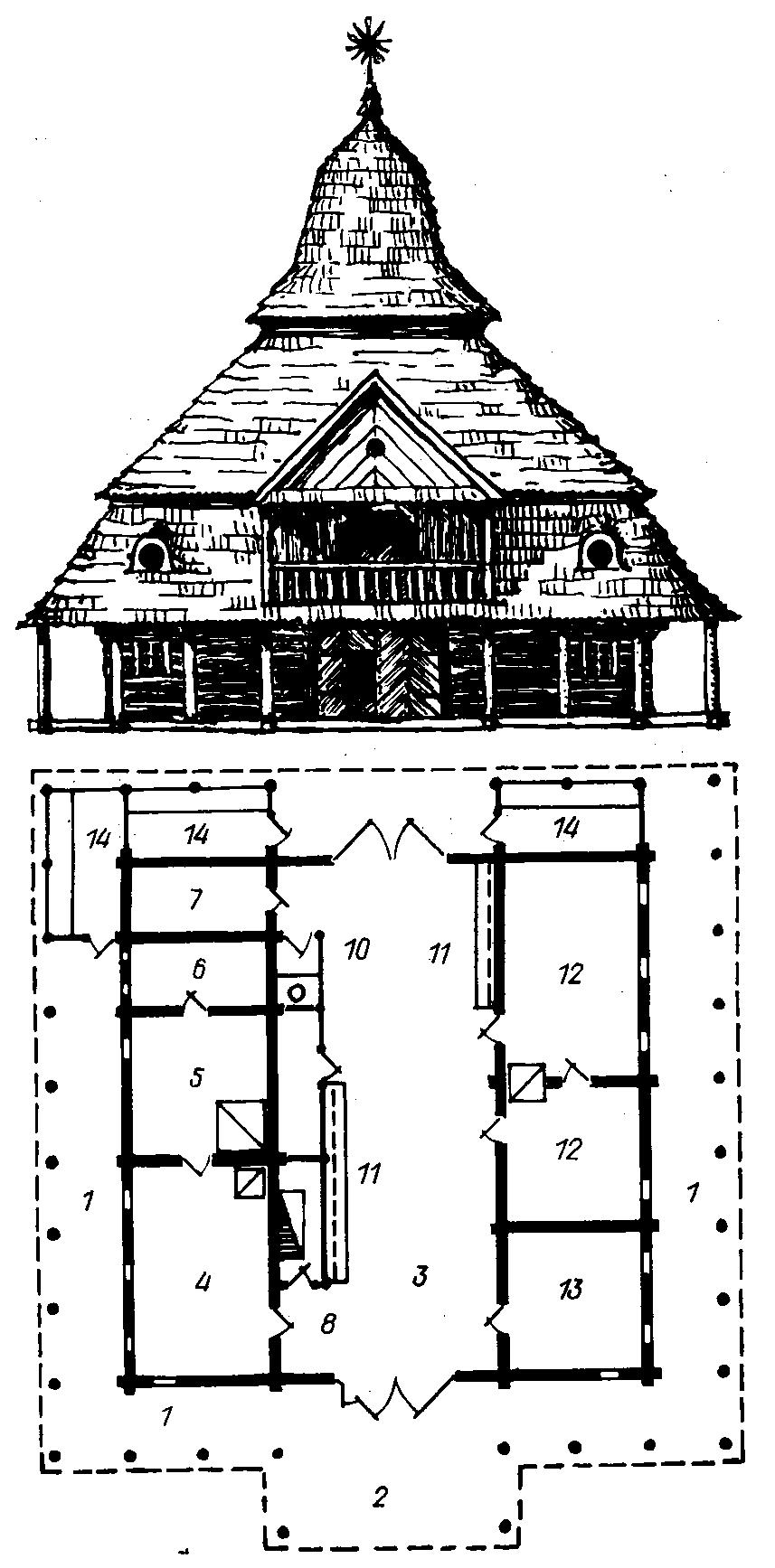 Ратуша. M. Турка Львівської обл. План, східний фасад. 1 – кругова галерея, 2… Ратуша