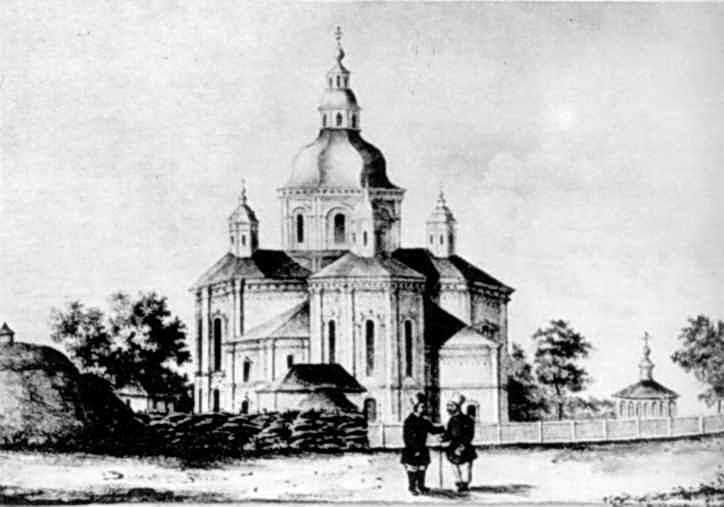 Церква в Сорочинцях на Полтавщині. Малюнок невідомого художника, літографія в… Сер. 19 ст. Загальний вигляд