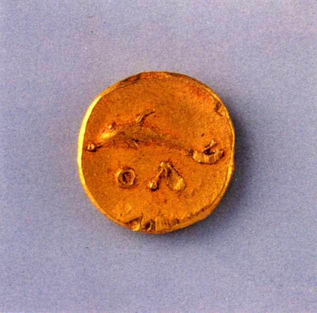 Напівдрахма м.Ольвія, кін. 4 ст. до н.е. Золото. Діаметр 12 мм. Знайдена в… Напівдрахма