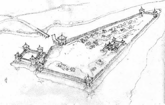 Уявна графічна реконструкція «Укріплення Плоскирова на грунтовому останці… Укріплення Плоскирова станом на 1600 р.