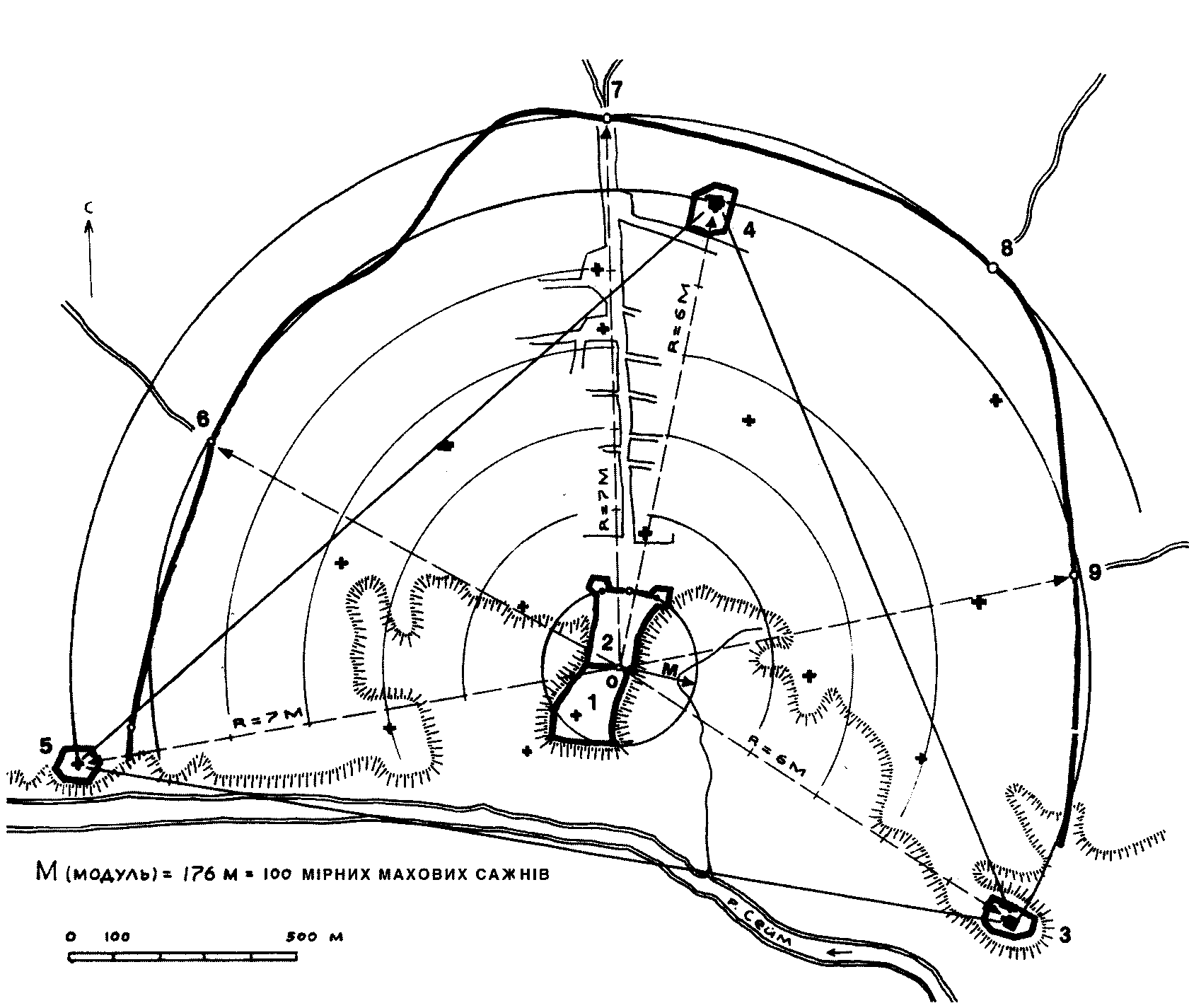 0 – Вістова башта; 1 – Старий дерев’яний город; 2 – Новий земляний город; 3… Побудова структури і плану Путивля в…