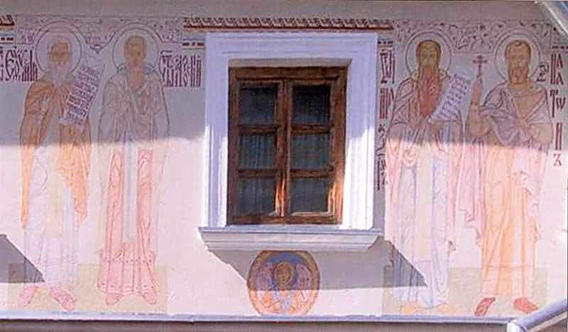 Джерело: Пам’ятки України, 2004 р., № 4, обкладинка. [Парні постаті святих –… 2004 р. Фрагменти реставрованого…