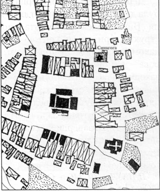 План ринкової площі. Фрагмент копії кадастру 1845 р. Джерело: Пам’ятки… Синагога