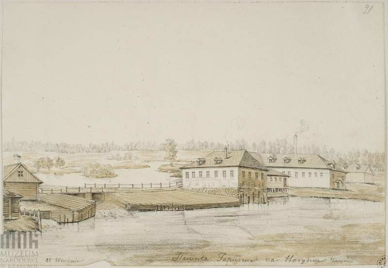 Рисунок Наполеона Орди. Papiernia. Widok usytuowanego nad rzeką Horyń… Папірня