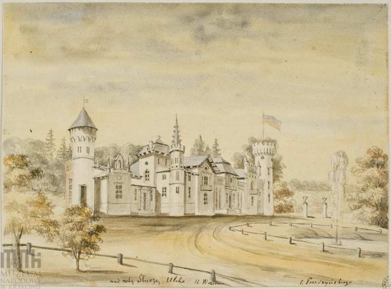 Рисунок Наполеона Орди. Pałac Pruszyńskich. Widok od strony podjazdu. Pałac o… Палац Прушинських