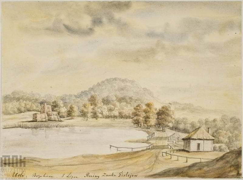 Рисунок Наполеона Орди. Widok ogólny z pozostałościami zamku Tarnowskich… Замок Фірлеїв