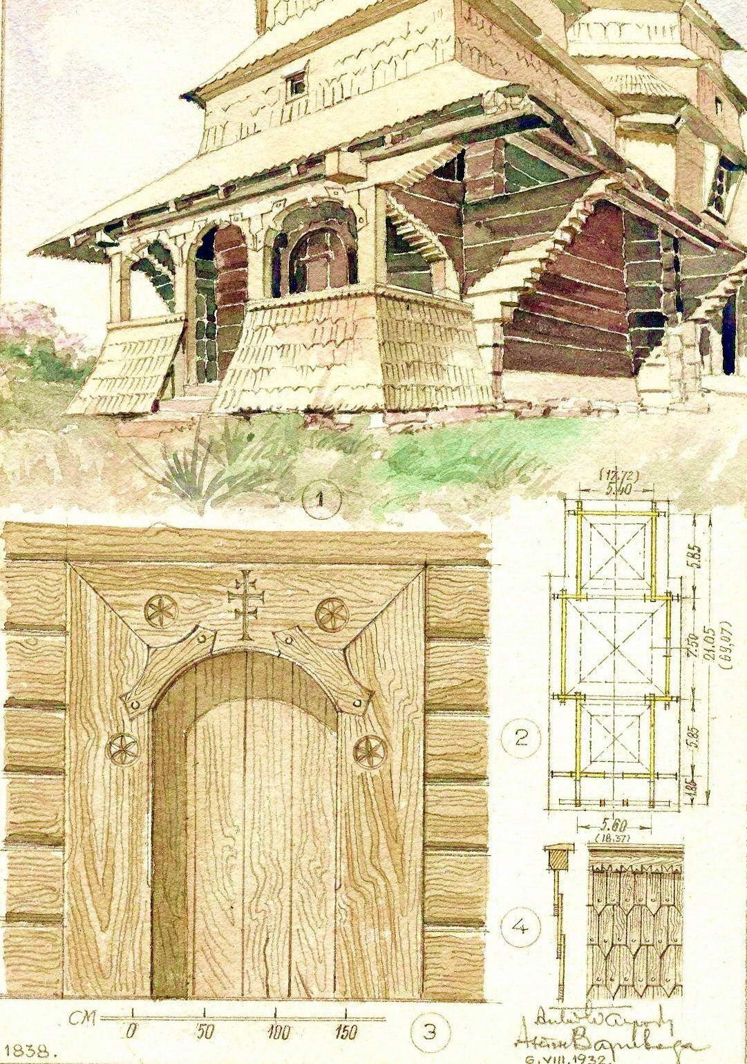 Рисунок Антона Вариводи (Краків), 6.08.1932 р. 1838 Church, Matkiv (Matkow),… 1932 р. Вид бабинця, план, деталі
