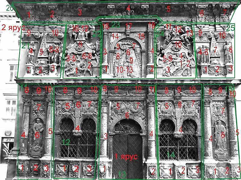 Схема західного фасаду каплиці Боїмів: 1 ярус Поле 11 1 – база 2 –… Західний фасад. Схема скульптурного…