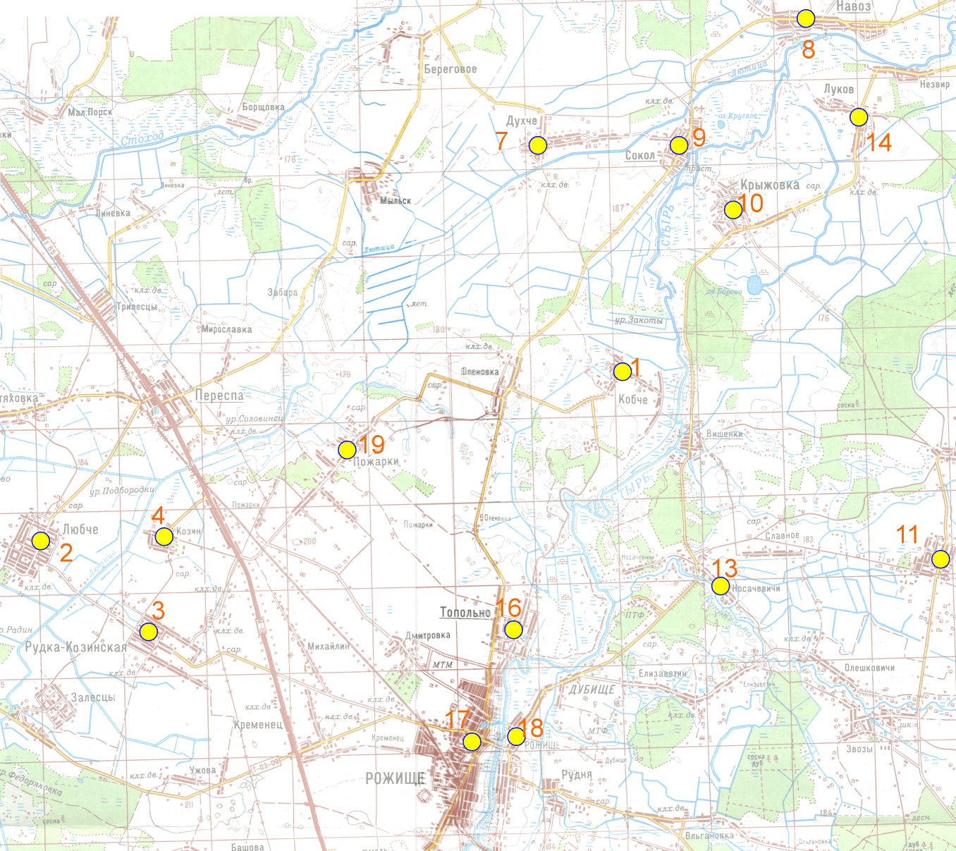 1 – Кобче 2 – Любче 3 – Рудка 4 – Козин 5 – Став 6 – Соловино 7 – Дуще … Карта копи 1583 р.